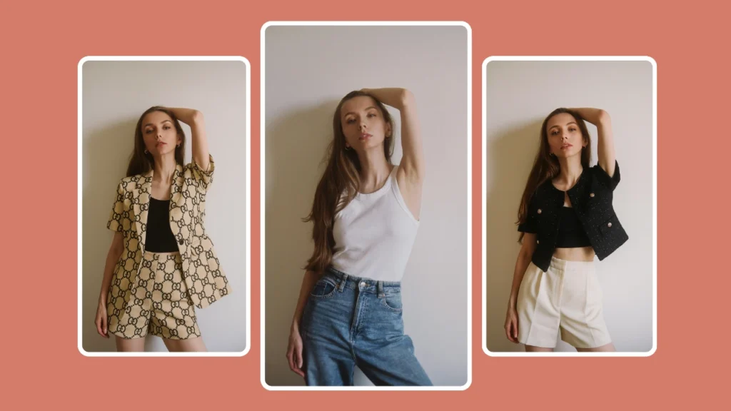 KI-Modestyling zeigt eine blonde Frau in drei verschiedenen Outfits, darunter lässiger Denim, ein schickes Gucci-inspiriertes Set und eine moderne Kurzjacke. Die Technologie zur virtuellen Outfit-Anprobe hebt vielseitige Modeoptionen für Frauen hervor.