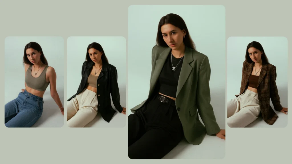 KI-gestütztes Outfit-Styling mit einer Frau in vier schicken Freizeit-Looks mit Crop-Tops, Blazern und Hosen. Digitale Modetechnologie zeigt, wie ein Model sofort verschiedene Outfits ausprobieren kann.