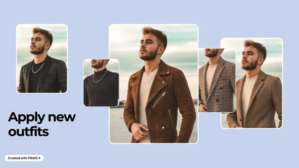 KI-basiertes Mode-Anprobetool, das einem männlichen Model neue Outfits zuweist und Jacken, Blazer und stylische Freizeitkleidung präsentiert. Dank virtueller Kleidungstechnologie können Männer mühelos verschiedene Stile ausprobieren.