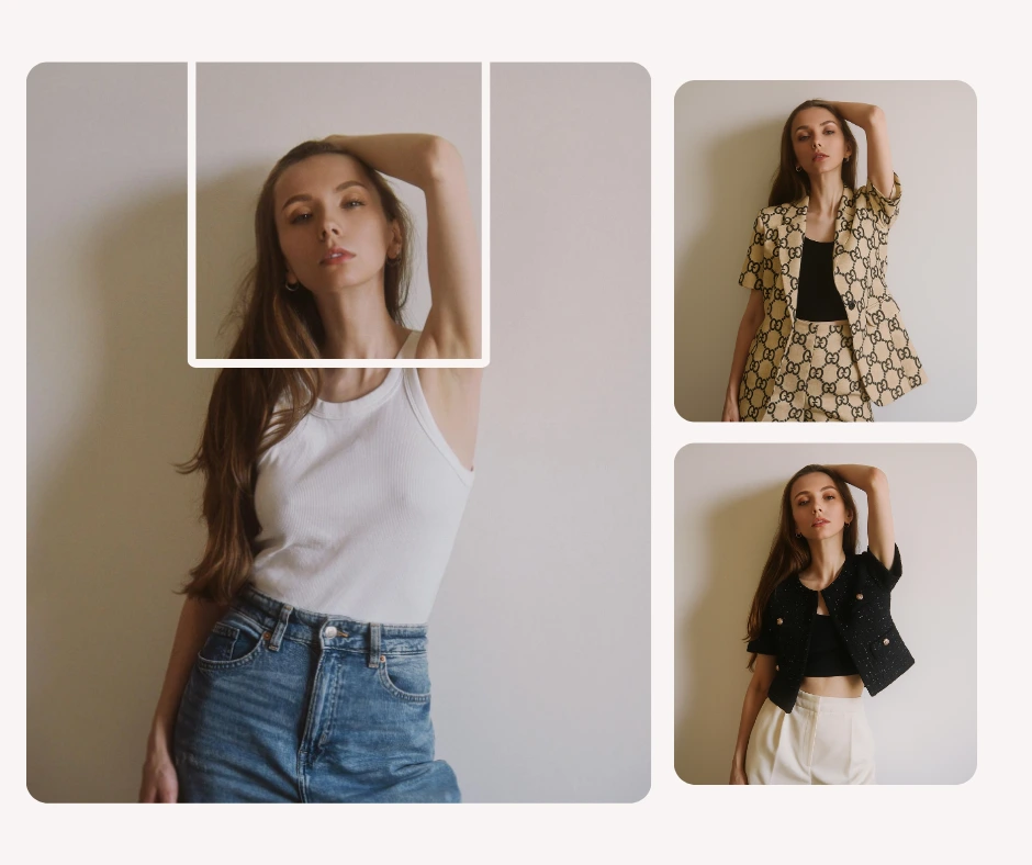 Eine junge Frau präsentiert trendige Outfits, darunter ein weißes Tanktop mit Jeans, ein beiges Gucci-Set und eine schwarze Kurzjacke. Die Modecollage präsentiert moderne Damenbekleidung für lässigen und luxuriösen Stil.