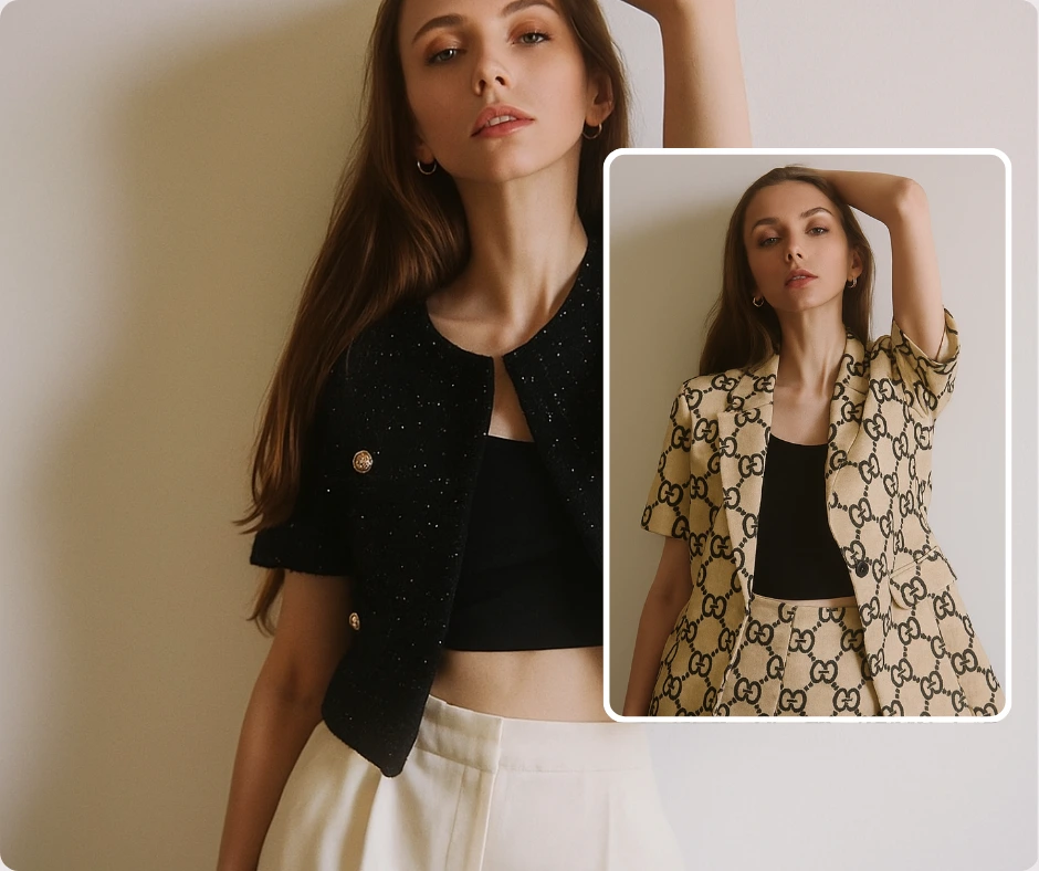 Eine Frau präsentiert eine schicke schwarze Kurzjacke über einem schwarzen Top und einer weißen Hose. Eingefügt ist ein Bild von ihr in einem beigen Gucci-Set. Die Collage präsentiert moderne Damenmode für elegantes und mutiges Styling.