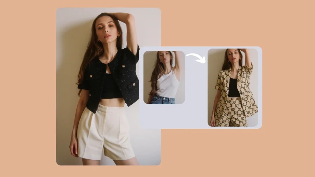 Der KI-Outfit-Wechsler von Fashion Technology zeigt, wie sich ein schlichtes weißes Tanktop und Jeans in einen gemusterten Anzug im Gucci-Stil verwandeln. Dank digitaler Anprobe-Technologie ist der Stilwechsel schnell und einfach.