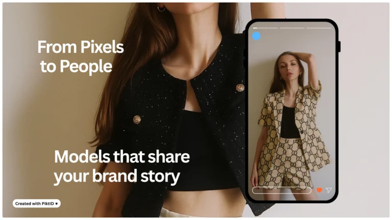 Fashion technology AI featured image showing a woman’s outfit transformation on a smartphone screen. Digital try-on tools connect brands with modern consumers through virtual styling.