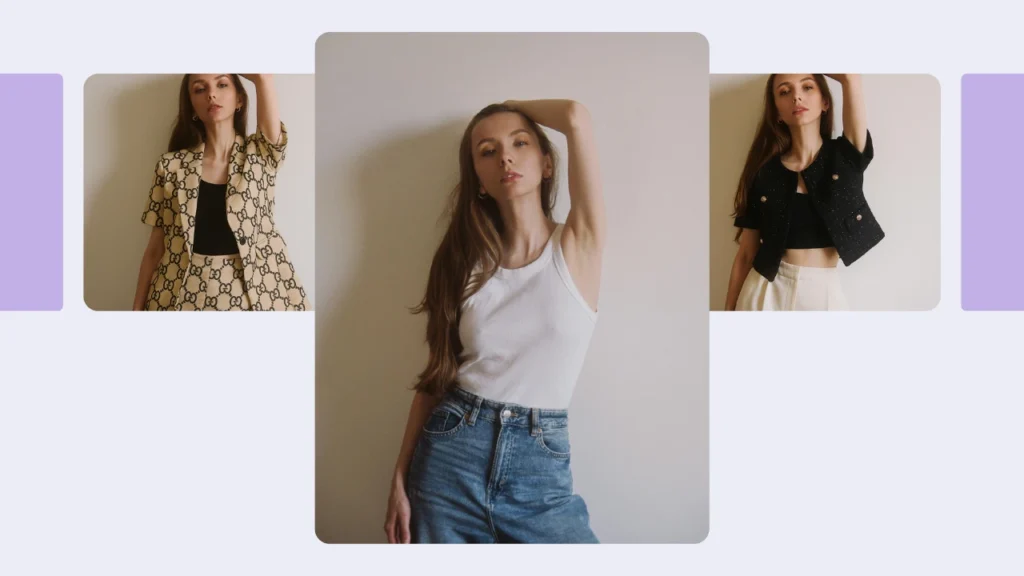 Styling mit einer jungen blonden Frau in Jeans und weißem Tanktop, um sie herum werden alternative schicke Outfits präsentiert. Die virtuelle Outfit-Anprobe zeigt, wie ein Model mehrere Looks präsentieren kann.