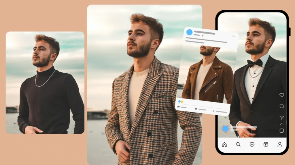 Der Outfit-Generator von PiktID zeigt einen Mann in verschiedenen Jacken, darunter eine Leder-Bikerjacke, ein karierter Blazer und ein Smoking. Virtuelle Modetechnologie kreiert stylische Instagram-taugliche Looks für Männer.