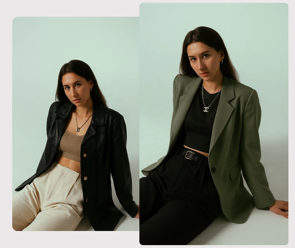 Eine Frau präsentiert zwei verschiedene schicke Outfits: einen Lederblazer mit beiger Hose und einen grünen Blazer mit schwarzer Hose. Diese Modecollage unterstreicht den minimalistischen Damenstil mit gewagter Oberbekleidung.