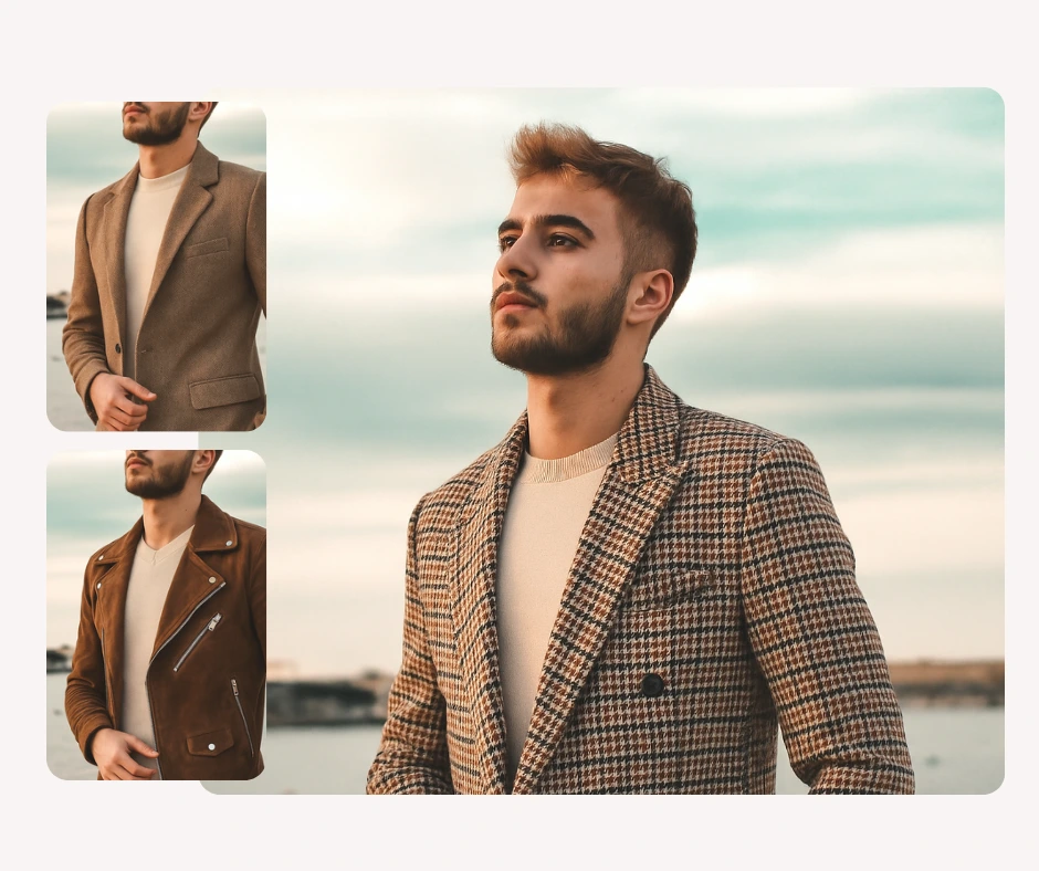 Ein Mann posiert selbstbewusst in einem karierten Zweireiher-Blazer am Meer. Kleinere Bilder zeigen ihn in einem hellbraunen Mantel und einer braunen Lederjacke. Diese Herrenmode-Collage unterstreicht den vielseitigen Stil von Oberbekleidung.