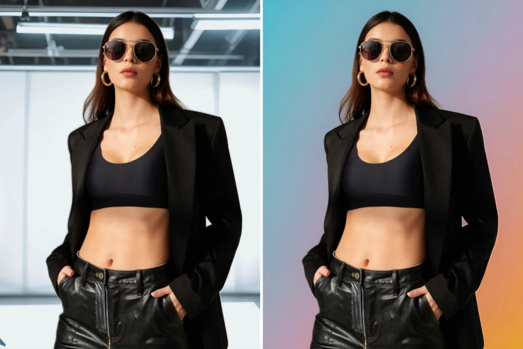 Deux images d'une femme portant une veste et un pantalon noirs, ainsi que des lunettes de soleil. Elle porte également un soutien-gorge noir. La femme pose devant l'objectif, la main sur la hanche. L'arrière-plan, un mélange de bleu et de rose, confère à l'image une touche de vivacité et de dynamisme. Image PDP créée par PiktID.