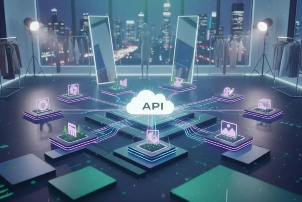 Modèle 3D d'une ville avec une femme debout au centre. Ce modèle est composé de plusieurs cubes interconnectés, dont l'un est intitulé « API ». Les cubes sont disposés de manière à représenter un paysage urbain, avec ses bâtiments et ses rues. La femme est placée au centre de la scène, entourée des cubes. L'image dégage une atmosphère futuriste et moderne. Conception abstraite d'intégration d'API PiktID.