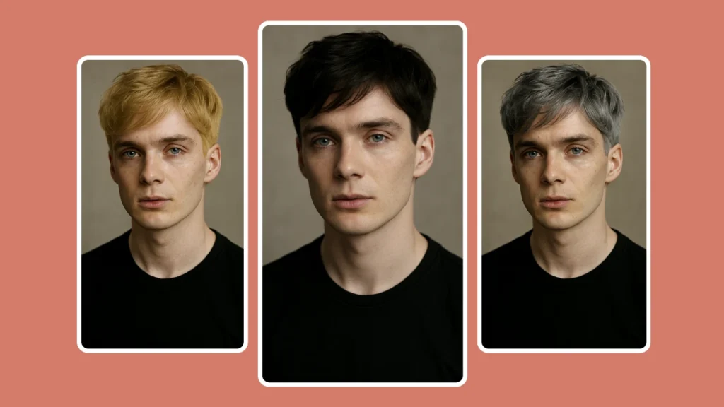 A man in a black t-shirt displays three virtual hair colors: blonde, black, and gray. This side-by-side comparison highlights how different shades change overall appearance.