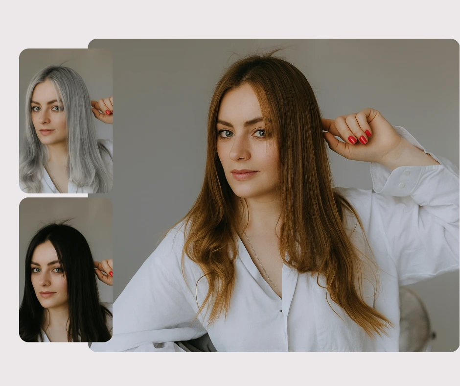 A woman in a white shirt displays three hair color variations: gray, black, and brown. The virtual hair color test shows natural and trendy style choices.