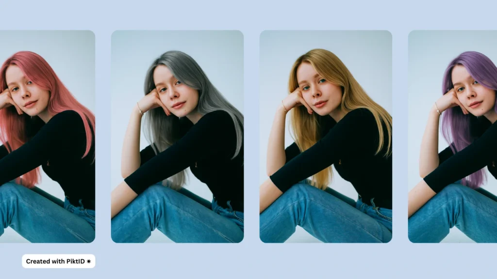 A collage of a young woman with four different hair colors: pink, gray, blonde, and purple. Created with PiktID, this try-on tool helps visualize hair dye ideas instantly.