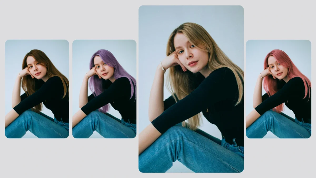 A young woman showcases four different virtual hair color try on hair colors: brown, purple, blonde, and pink. The featured image emphasizes how virtual try-on apps allow experimenting with bold or natural shades.