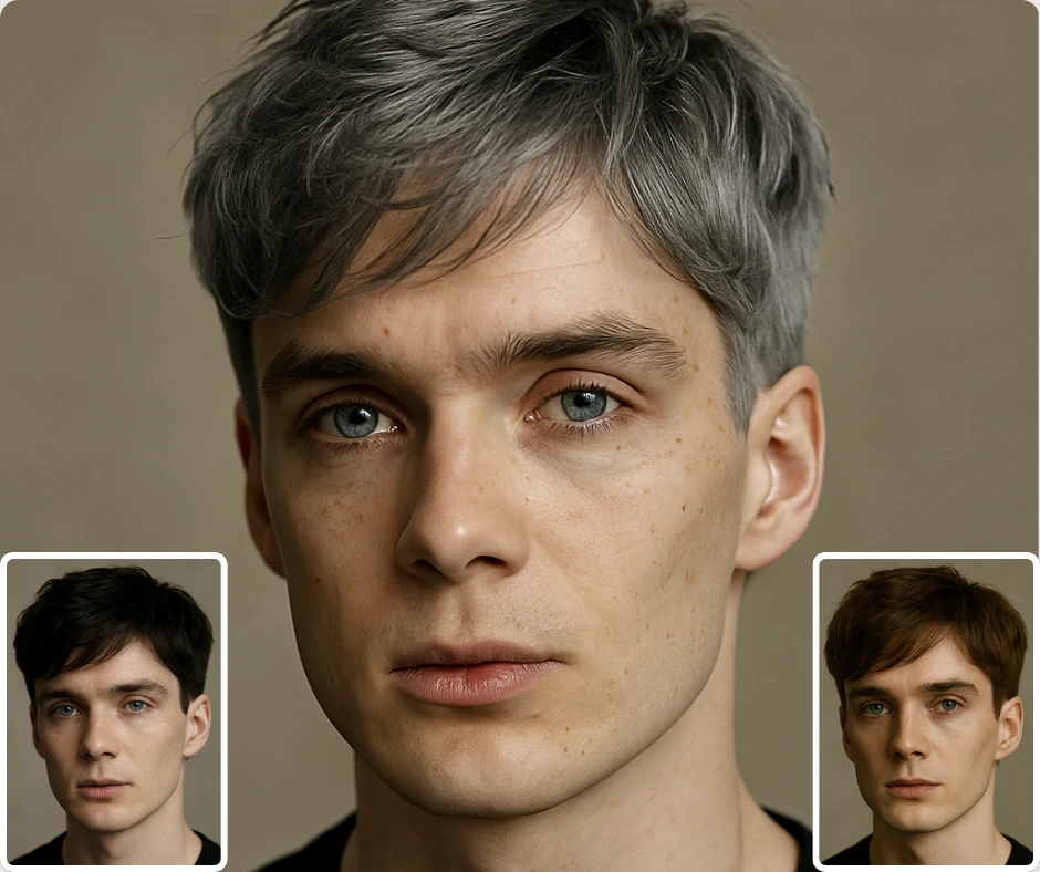 High-quality close-up of a man comparing virtual hair colors: gray, black, and brown. The photo highlights realistic hair color simulation for men’s hairstyle changes.