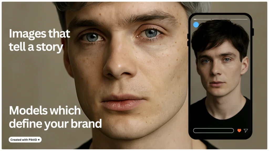 Virtual hair color try on with male model close-up. A realistic face portrait displayed inside a phone screen emphasizes how images tell a story and help define brand identity.