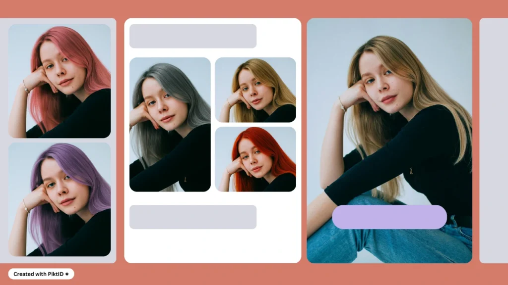 Multiple portraits of a young woman with different virtual hair colors. Shades include pink, gray, blonde, red, and purple, showcasing diverse hairstyle options in a modern collage design.