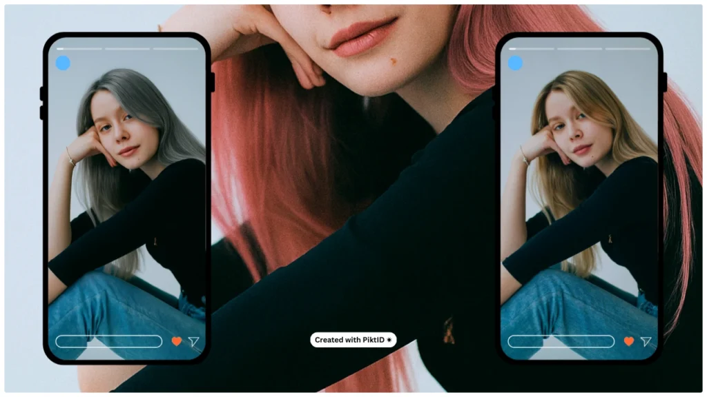 Phone screen presets showing virtual hair color transformations. A young woman’s hair changes from natural blonde to gray, highlighting social media-ready beauty edits.