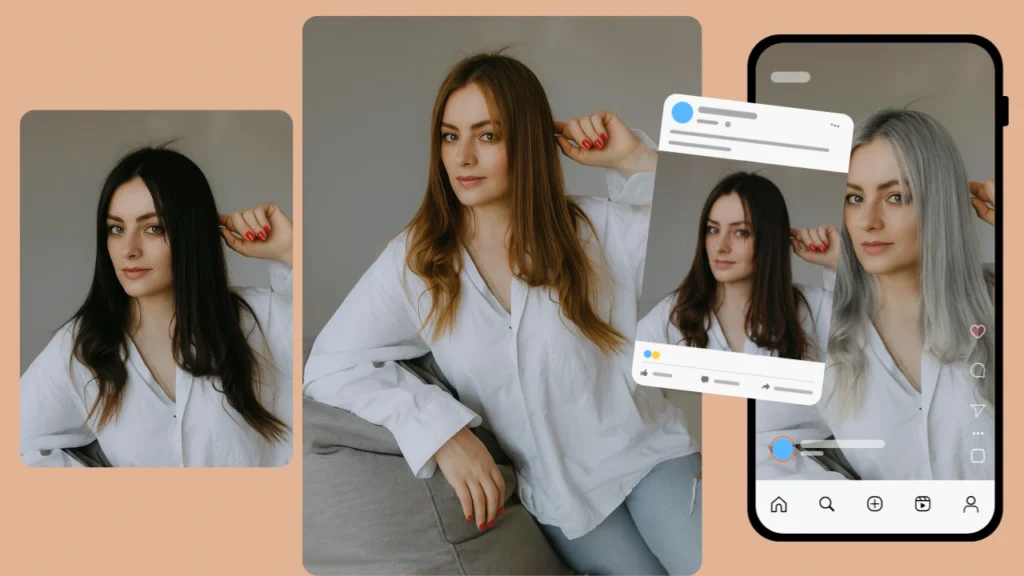 Virtual hair color try on in a social media layout. A woman poses in different hair shades including black, brunette, and silver, integrated with Instagram-style design elements.