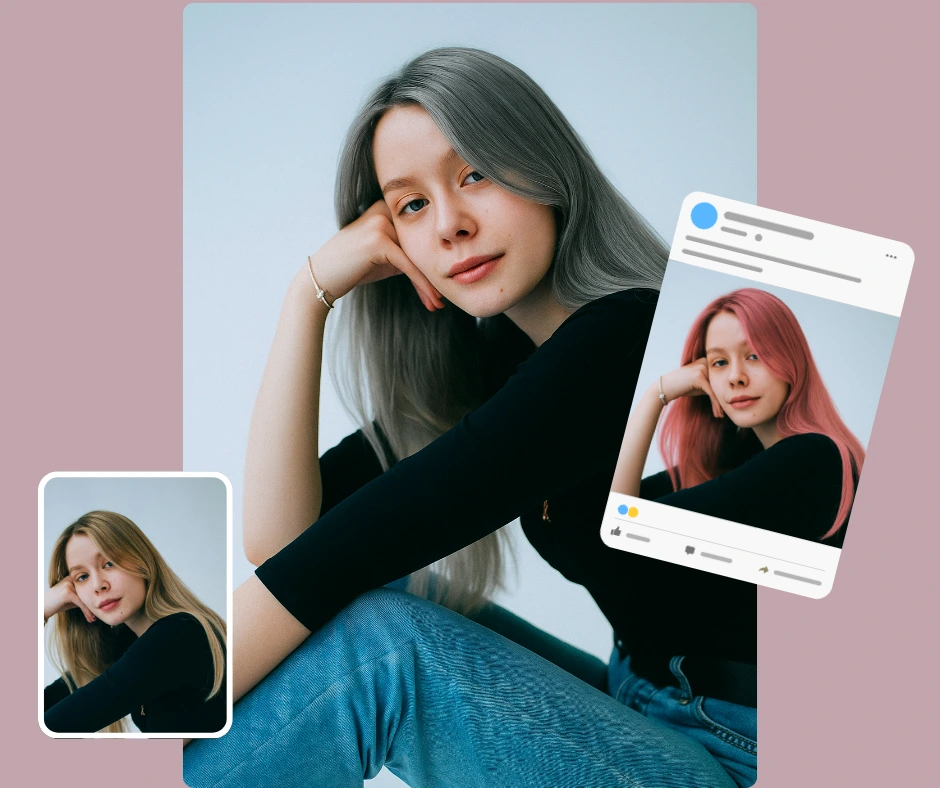 Social media preset of a young woman with different hair colors. Gray and pink tones are showcased, alongside her natural blonde, in a modern collage with online sharing elements.