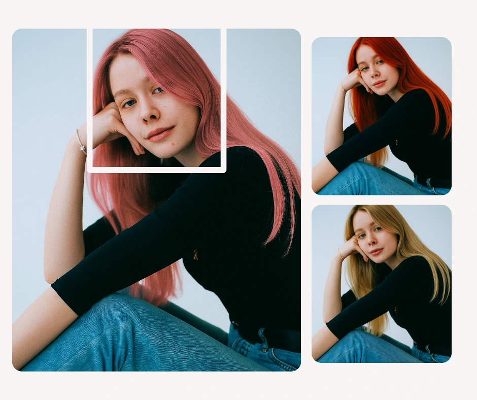 Young woman’s portraits with multiple hair colors. Pink, red, and blonde shades are applied digitally, creating stylish options for virtual makeovers.