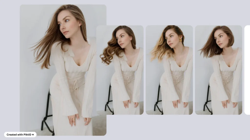 A blonde woman wearing a beige dress poses in different hairstyles side by side against a neutral background. The image showcases virtual hairstyle try on variations with flowing hair and subtle styling changes.