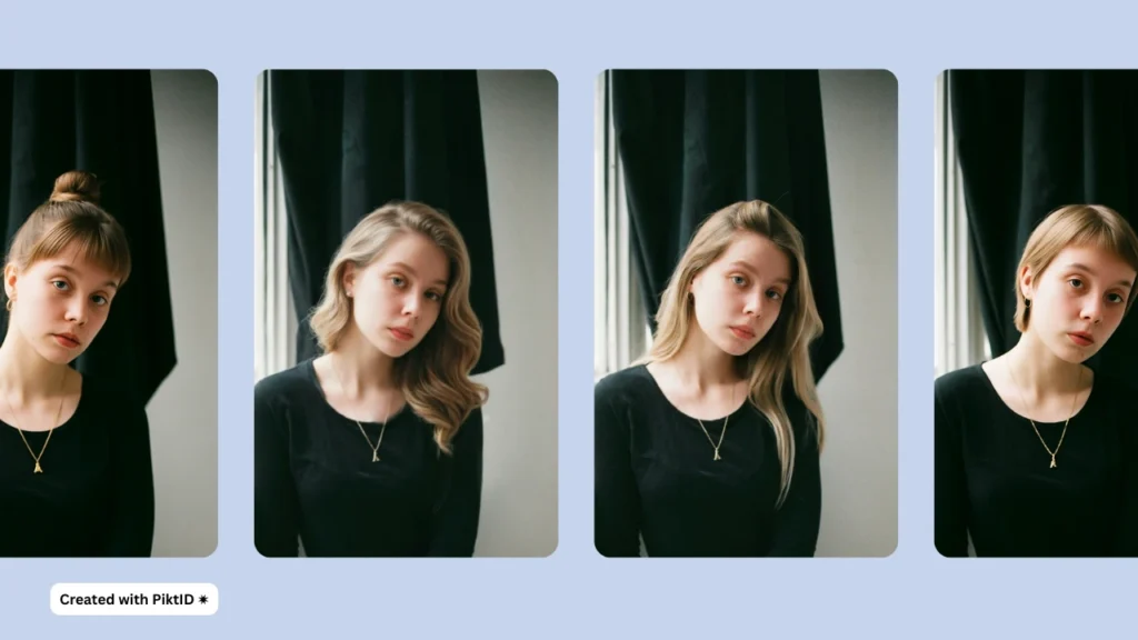 A blonde woman is displayed in multiple side-by-side portraits featuring different virtual hairstyle try on styles. Each version highlights how her look changes subtly with haircuts and styling variations.