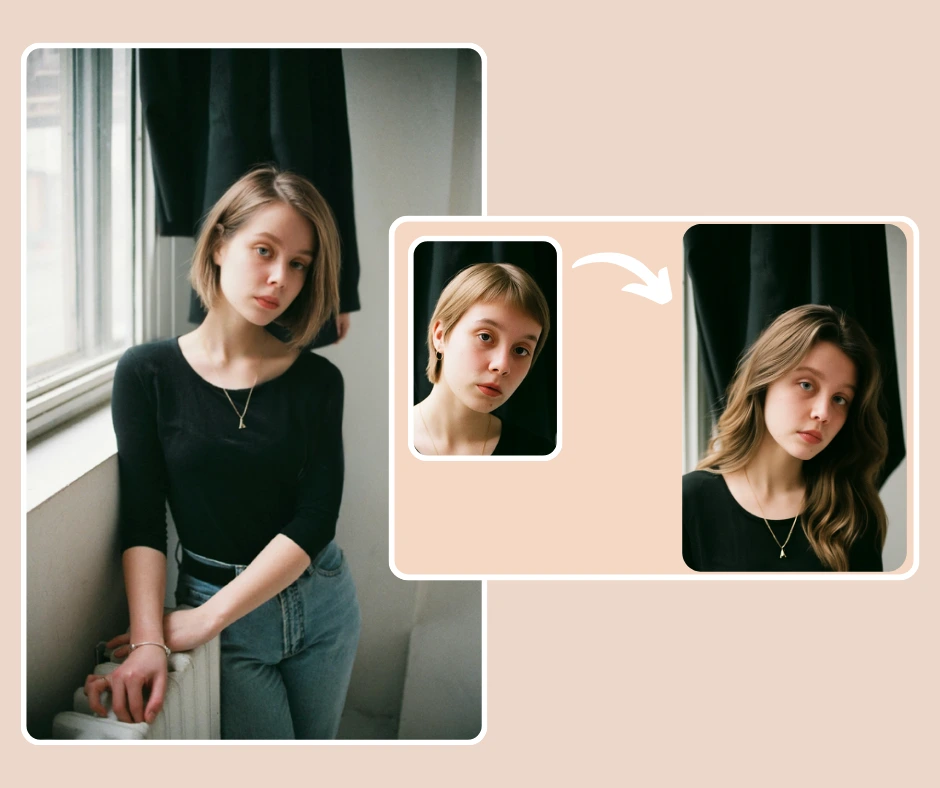 A young woman with a short bob sits by a window wearing a black top and jeans. A comparison inset shows her transformed virtually with long wavy hair.