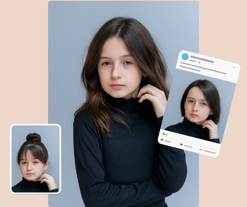 A girl with loose shoulder-length dark hair poses against a blue-gray background. Two inset photos show alternate virtual hairstyle try on which include a bun and a sleek straight look displayed like a social media preview.