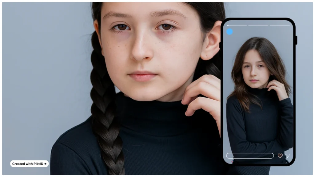 A young girl with dark hair poses beside a phone screen previewing an alternate hairstyle. The composition highlights a virtual preset tool for experimenting with hairstyles on children.