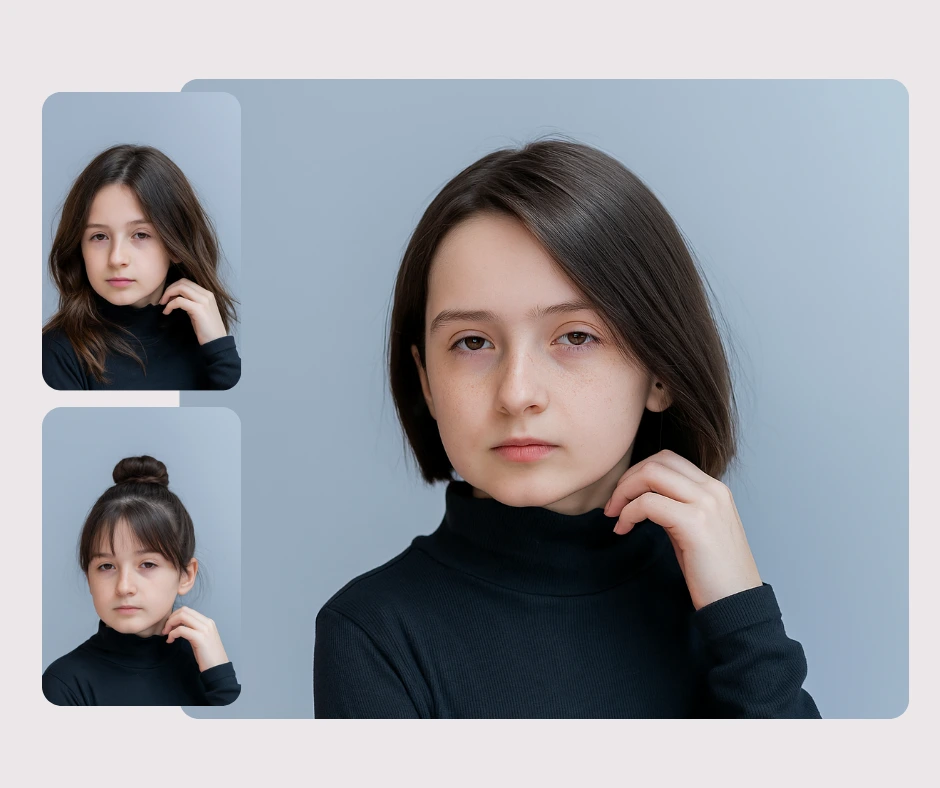 A close-up of a girl with short dark hair in a turtleneck is shown. On the left, two stacked insets display her with alternative hairstyles for comparison.