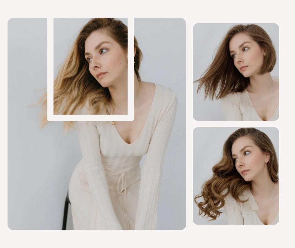 A woman in a cream outfit poses with long flowing hair, and two inset images show alternate hairstyles including a bob and soft curls. The collage highlights changes in hair length and texture.