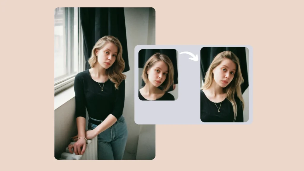 A young woman in a black top stands by a window, posing for a hairstyle comparison. The collage shows her original look alongside digitally edited versions with different hair lengths and colors.