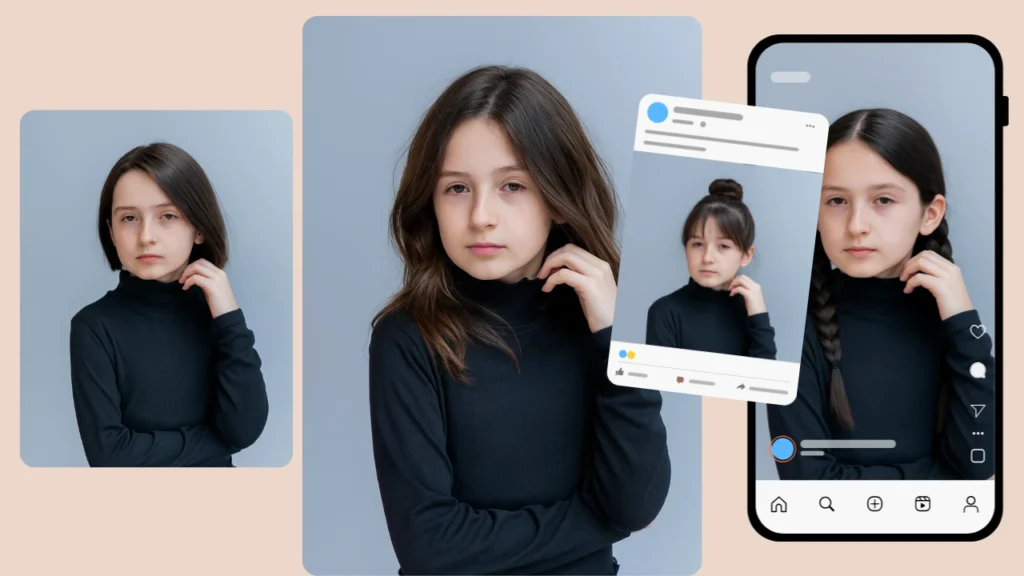 A young girl wearing a black turtleneck poses against a light blue background in multiple frames styled like social media posts. The variations highlight different hairstyles presented in a digital try-on format.