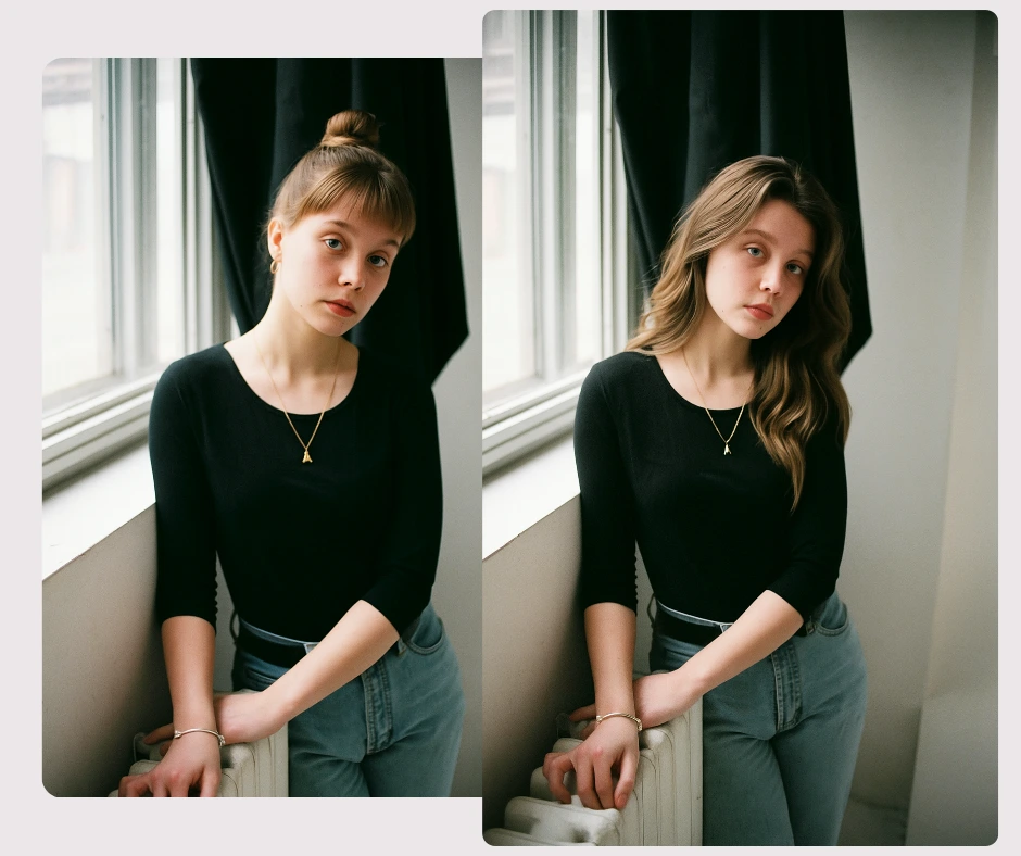 A woman in a black top and jeans leans by a window, shown once with a bun and once with long wavy hair. The side-by-side layout emphasizes the before-and-after hairstyle change.