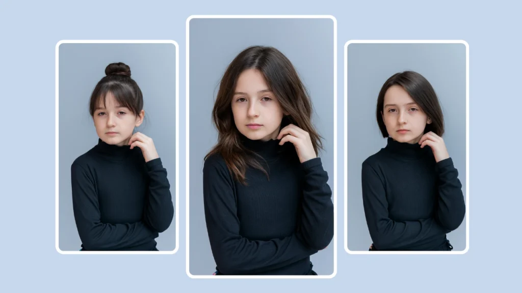 Three portraits of the same young girl in a black turtleneck showcase different hairstyles against a blue-gray background. Each panel is framed with rounded borders to emphasize the virtual hairstyle try on options.