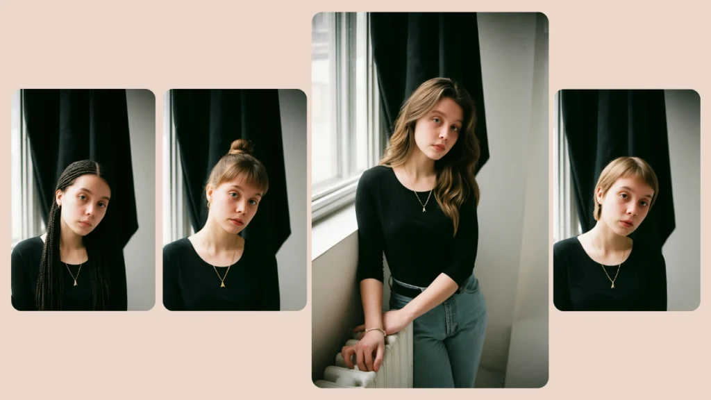 A woman in a black top is shown in various hairstyle edits arranged around a central full-body portrait. The layout highlights different cuts, such as braids, a bun, and short styles, for virtual makeover inspiration.