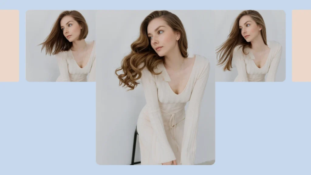 A blonde woman in a cream dress is featured in three poses that display flowing and shoulder-length hairstyle variations. The collage places the central portrait prominently with two alternate hair edits on each side.