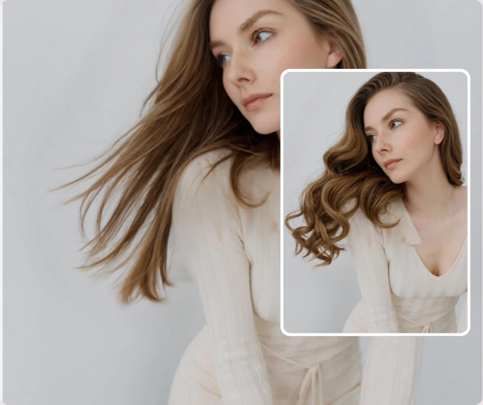 A woman wearing a long cream dress is shown with her hair flowing to one side. An inset focuses on her head and upper body with defined, voluminous curls.