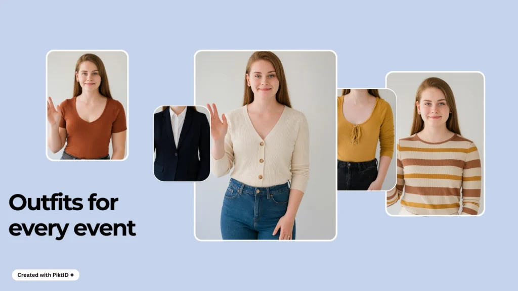 AI styling feature titled 'Outfits for every event' displaying multiple fashion looks on a young woman. Virtual try on clothes shows how users can explore outfit ideas for all occasions.