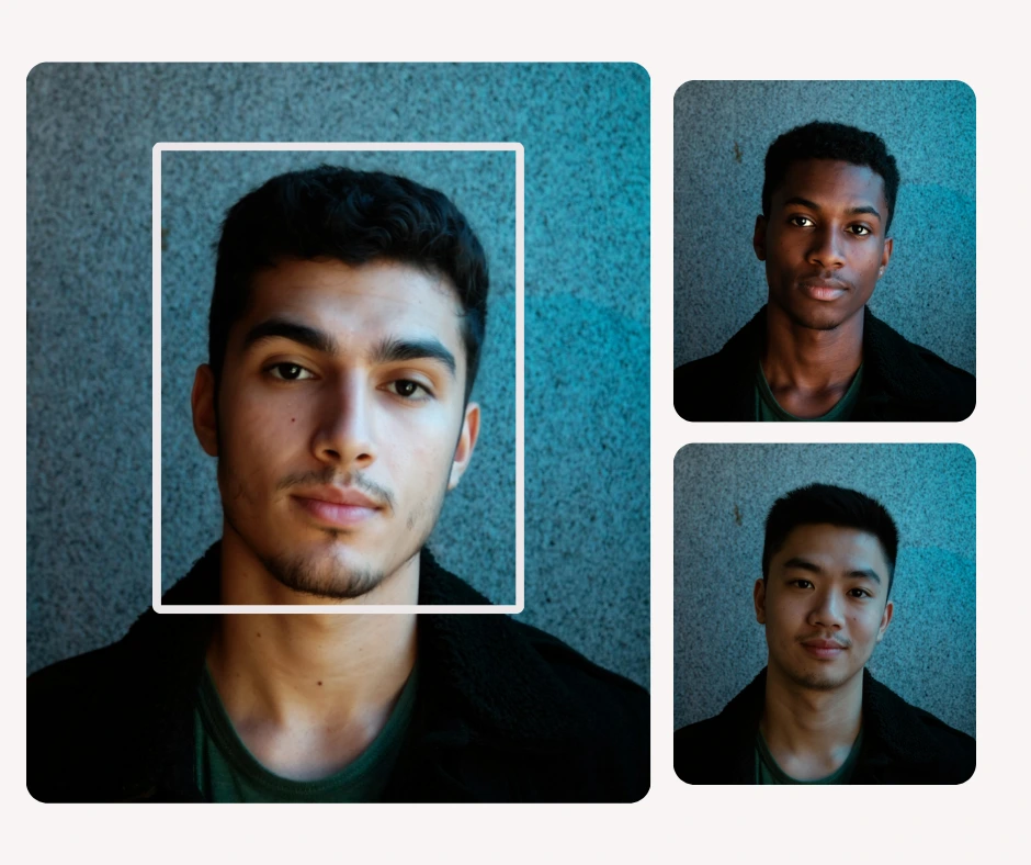 Un collage que muestra varios retratos masculinos con uno resaltado, lo que demuestra el proceso de elección de una cara para el intercambio de caras de fotos con IA usando la herramienta de cambio de caras de PiktID.