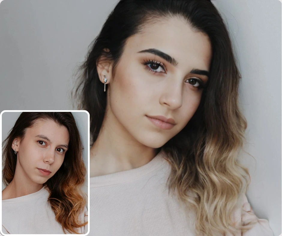 Comparación de fotografías de antes y después de una mujer joven con una blusa beige, que ilustra resultados realistas de cambio de rostro mediante IA utilizando la tecnología de intercambio de fotografías de PiktID.