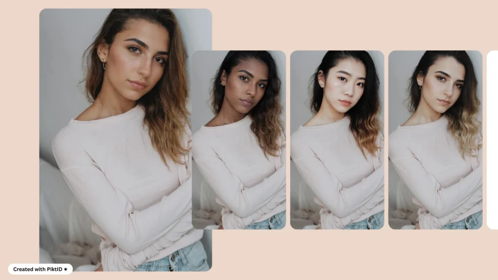 Un collage de fotografías con IA creado con PiktID que muestra retratos uno al lado del otro de personas con diferentes rasgos faciales, ilustrando cómo el intercambio de rostros puede diversificar las imágenes.
