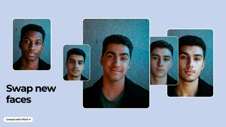 Ein Layout im Bannerstil, das mehrere Beispiele für den KI-Foto-Gesichtsaustausch zwischen Modellen verschiedener Ethnien zeigt und als vorgestelltes Bild zur Präsentation der Technologie zum Gesichtsaustausch verwendet wird.