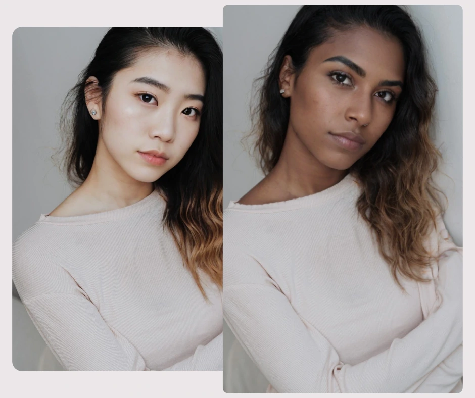 Dos retratos de mujeres en poses y atuendos idénticos, que muestran cómo la herramienta de cambio de rostro con inteligencia artificial de PiktID intercambia rostros sin problemas mientras preserva la iluminación y la textura naturales.