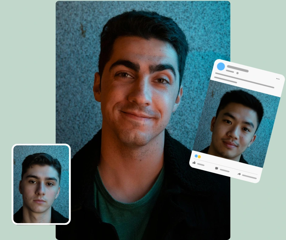 Ejemplo de un intercambio de rostro generado por IA donde el rostro de un hombre se reemplaza por otro, mostrando el cambio de rostro fotográfico preciso de PiktID para perfil social o uso creativo.