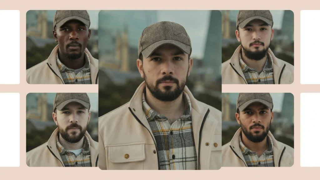 Un collage creativo de IA que presenta a varios hombres de diferentes etnias con caras intercambiadas, mostrando la inclusión y el poder de las herramientas modernas de cambio de rostro.