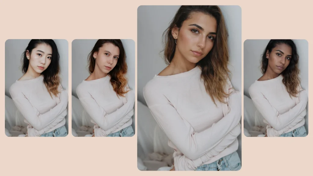 Un conjunto de retratos que muestran a una mujer joven con los brazos cruzados, cuyo rostro ha sido intercambiado con múltiples versiones mediante la edición de fotografías con inteligencia artificial para demostrar cambios de identidad fluidos.