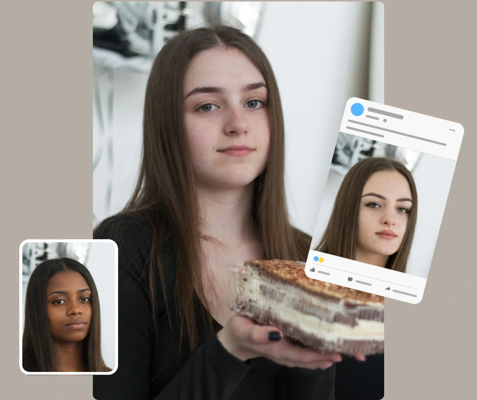 Una giovane donna con una torta in mano viene mostrata con il suo volto trasformato in cornici in stile social media, a dimostrazione di come l'intelligenza artificiale possa creare risultati fotorealistici. Un esempio perfetto di editing di face swap pronto per i social media.