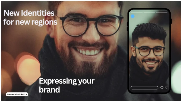 Ein lächelnder Mann mit Brille, der neben einer ausgetauschten Version seines Gesichts auf einem Telefonmodell angezeigt wird, repräsentiert die Funktion „Neue Identitäten für neue Regionen“ von PiktID für den globalen Markenausdruck mithilfe wechselnder Gesichter von PiktID.