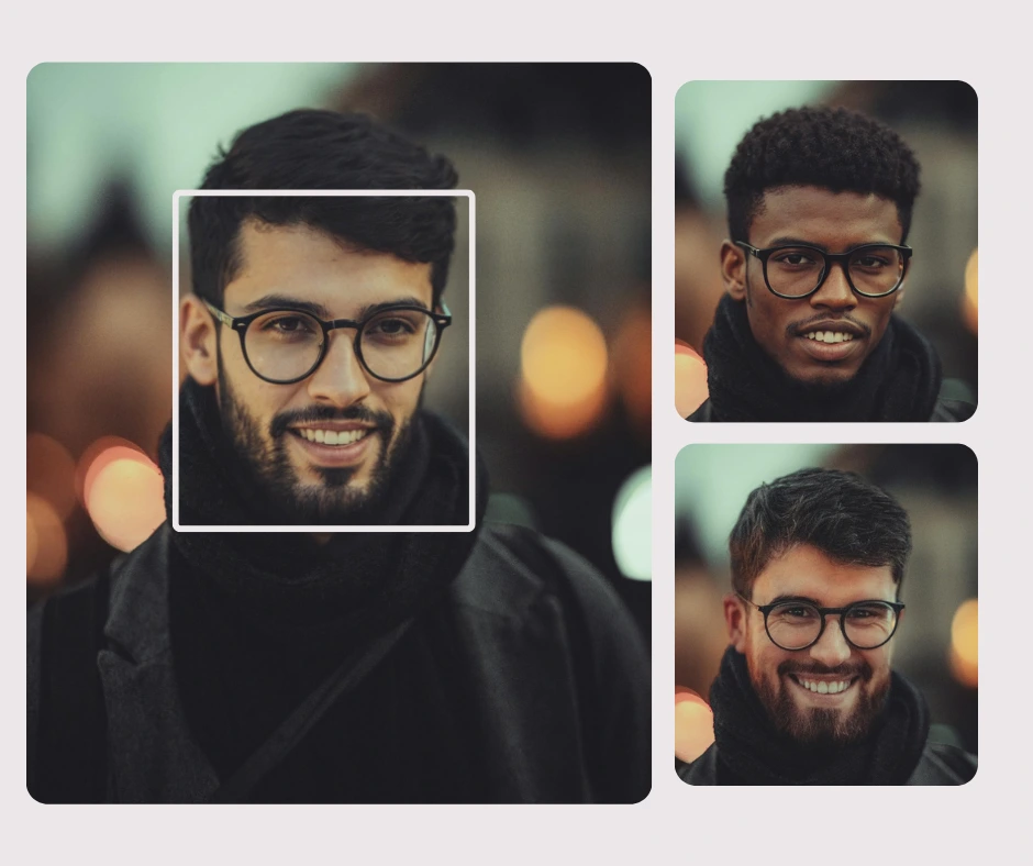Un uomo con gli occhiali è evidenziato tra i vari ritratti, a dimostrazione del processo di selezione di un volto per la modifica tramite intelligenza artificiale. L'immagine rappresenta la scelta di un soggetto per la tecnologia di scambio digitale dei volti.